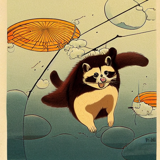 a japanese tanuki flying in the sky with large balls, anime art style, ghiblie, miyazaki, beautiful, high detail