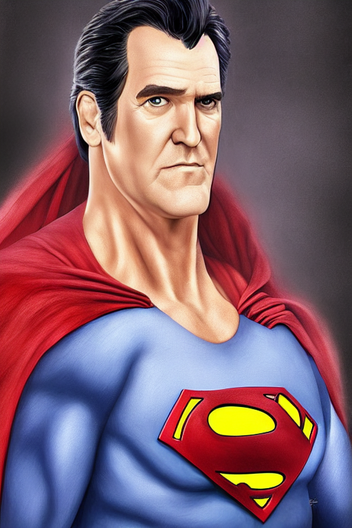 bruce campbell as superman, caricature, rpg portrait, high definition digital painting, hyperrealism, beeple, artgerm, hdr, vivid colors, super - resolution