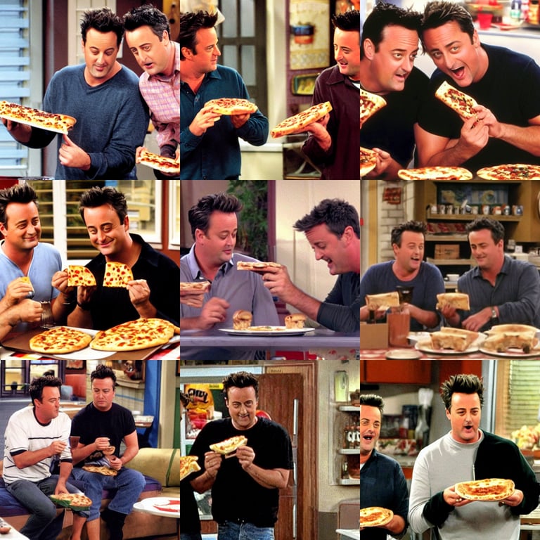 young Matthew Perry eating pizza, 'friends' tv show, Stable Diffusion