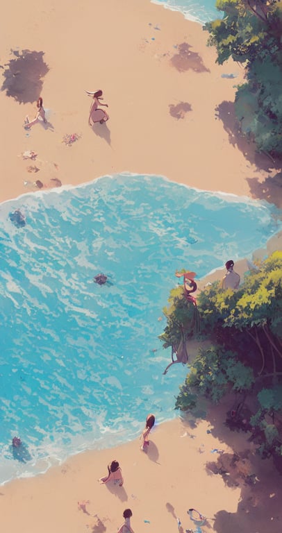Soaking in the sun at the beach, uncluttered, tropical, bright, simple, by Studio Ghibli and Greg Rutkowski, artstation