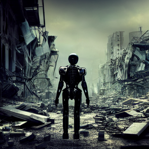 prompthunt: dark picture of a metalic terminator exoskeleton walking on a  destroyed city, 8 k, uhd, gloomy background, golden hour, 5 0 0 mm