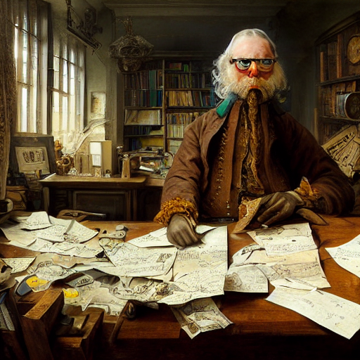 prompthunt: william osman as a mad alchemist and professor inventing  complex and arcane high level math in his office crowded with paper and  tinkets looking over his pile of math paper he