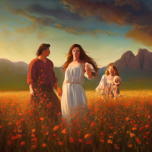 prompthunt: oil painting portrait of a family one with long flowing hair in  a white dress, dancing through a field of flowers at sunset with mountains  in the background, hazy, chiaroscuro, artstation,