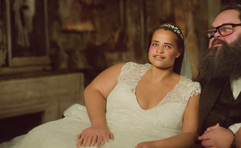 KREA - movie still close-up portrait of skinny cheerful Alicia Vikander in  a wedding dress embracing a groom who is a morbidly obese and bearded nerd,  by David Bailey, Cinestill 800t 50mm