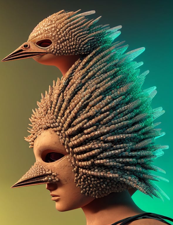 prompthunt: 3 d goddess close - up profile portrait with echidna spines.  beautiful intricately detailed avante garde kookaburra mask and futurepunk  outfit. neon lizards, bio luminescent, sand, dunes, creature, artwork by  tooth