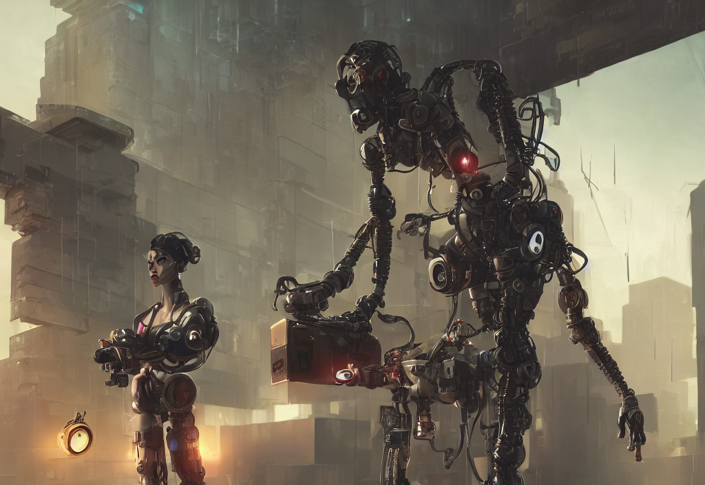 prompthunt: a screenshot of a cyberpunk movie depicting a female robot  carrying a movie camera, fantasy, intricate and very very beautiful, highly  detailed, digital painting, artstation, concept art, smooth and sharp focus,