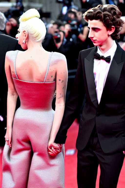 prompthunt: timothee chalamet and lady gaga holding hands on the red carpet,  beautiful detailed faces