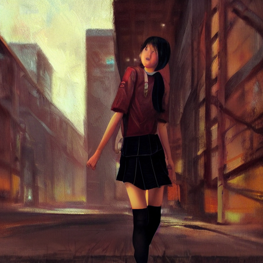 a perfect, realistic professional oil painting of a Japanese schoolgirl posing in a dystopian alleyway, close-up, by a professional American senior artist on ArtStation, a high-quality hollywood-style concept
