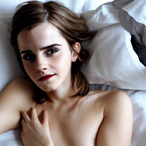 emma watson in bed waiting for you, comfy, bare shoulders, soft skin, messy hair, sleepy, smiling shyly