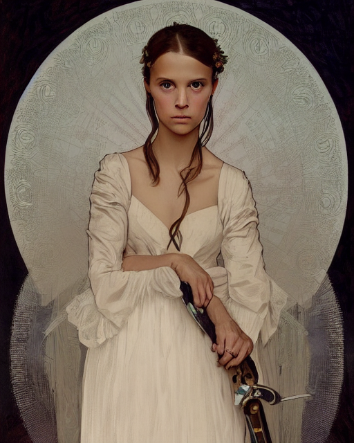 prompthunt: a painting of a girl resembling alicia vikander or millie bobby  brown in a wedding dress, highly detailed, intricate, artstation, by  alphonse mucha