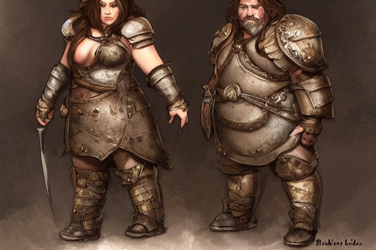 prompthunt: robust and chubby female dwarf warrior | short stocky stature |  wide body | d&d | leather armor | in the dwarven ruins | Aleksi Briclot