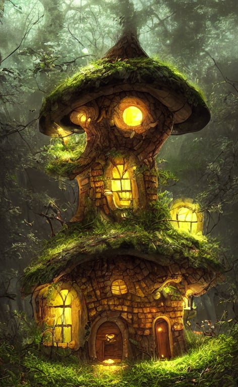 prompthunt: a mushroom house in the middle of a forest at night, the lights  are on, dynamic lighting, photorealistic fantasy concept art, trending on  art station, stunning visuals, creative, cinematic, ultra detailed