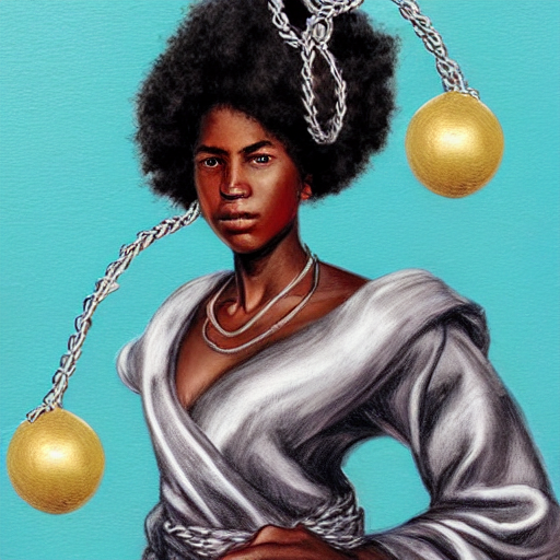 character design portrait by simon goinard of black teenage african female swinging a small metal ball with a thin long silver chain attached to it dressed in long luxurious silk robes with ornate patterned stitching and a metallic teal headband, silver sandals stands on a tall ships sailing boat, dark clouds