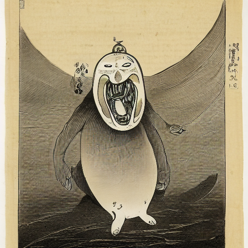 prompthunt: an anthropomorphic baby harp seal demon, radiating malevolence,  Japanese ink drawing from 1850