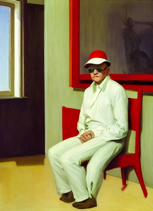 prompthunt: young Anthony Hopkins wearing round glasses and tall red  cylinder hat sitting at a crowded art deco hospital painting by Edward  Hopper and James Gilleard, Zdzislaw Beksinski highly detailed