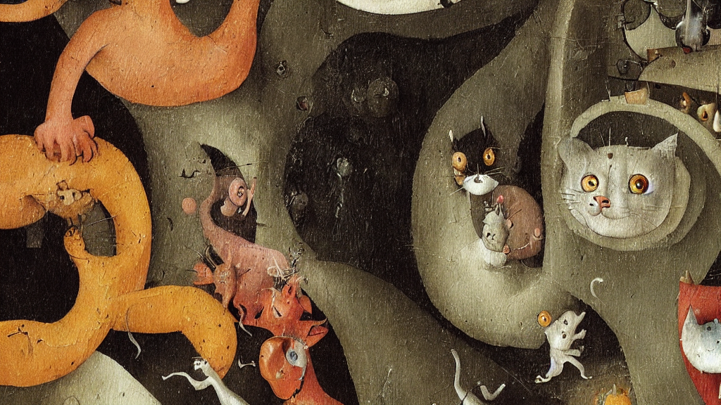 prompthunt: detail of a painting by “ hieronymus bosch ” of a closeup view  of the monstrous and horrifying “ garfield ” the cat tormenting and teasing  sinners in “ the garden