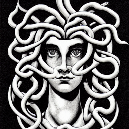 prompthunt: Medusa by M.C. Escher, black and white stencil