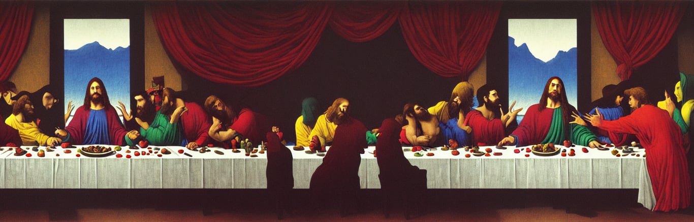 prompthunt: vibrant! colorful!!! the last supper of batman by rene  magritte, the dark knight by laurie greasley and bouguereau, ( ( etching by  gustave dore ) ), ultraclear intricate, sharp focus, highly