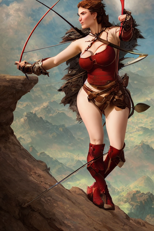 prompthunt: full - body matte portrait of a voluptuous female archer in a  heroic pose at the top of a mountain dressed with red and green leather  armor and holding a silver