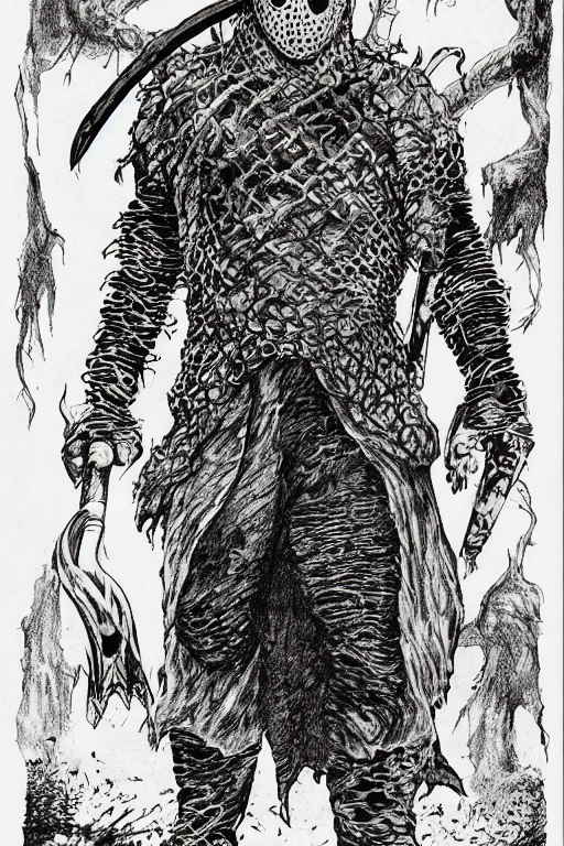 Jason Voorhees as a D&D monster, pen-and-ink illustration, etching, by Russ Nicholson, DAvid A Trampier, larry elmore, 1981, HQ scan, intricate details, high contrast