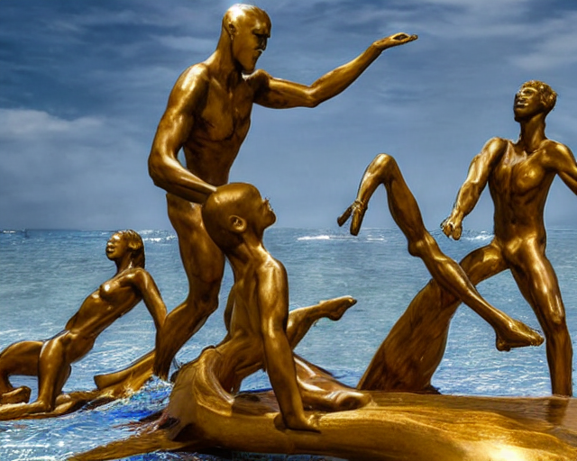 prompthunt: a massive modern sculpture of desperate bronze people trying to  climb a golden wave on the ocean water, in the style of jeff koons and  michelangelo, inspired by the greatest sculptors,