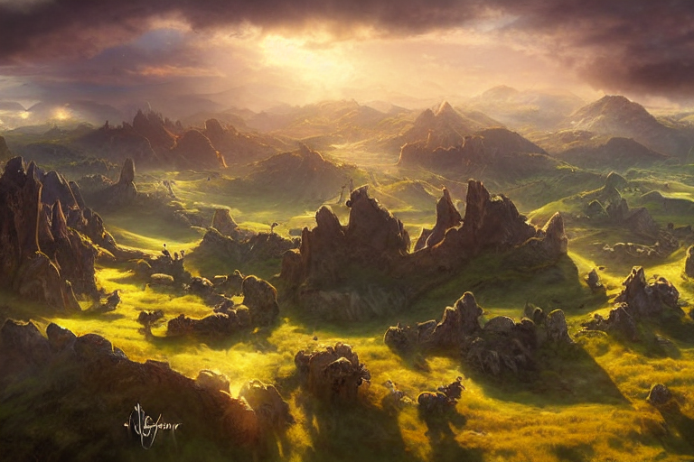 prompthunt high aerial shot, fantasy landscape, sunset lighting