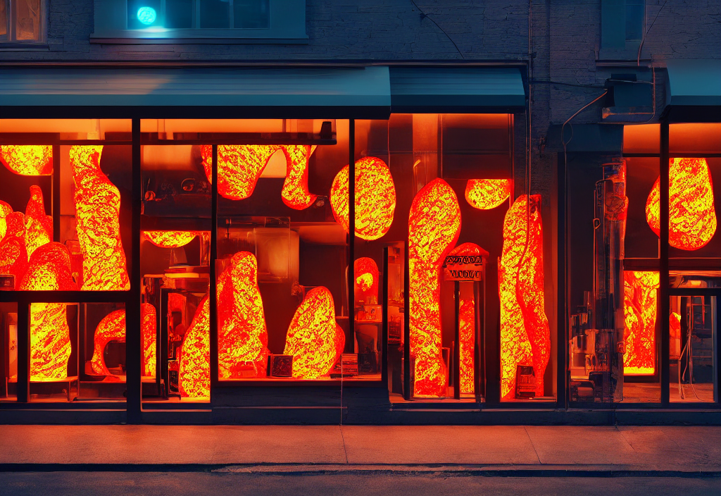 prompthunt: lava lamp store with glowing lava lamps in the window, softly  illuminating wet asphault, perspective from the street, photoreal octane  render, night, detailed illustration