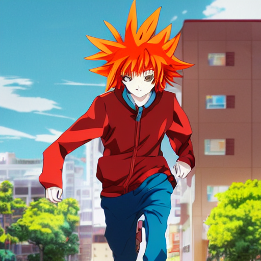 Prompthunt: Orange - Haired Anime Boy, 1 7 - Year - Old Anime Boy With Wild  Spiky Hair, Wearing Blue Jacket, Running Past Colorful Building, Red -  Yellow - Blue Colored Building,