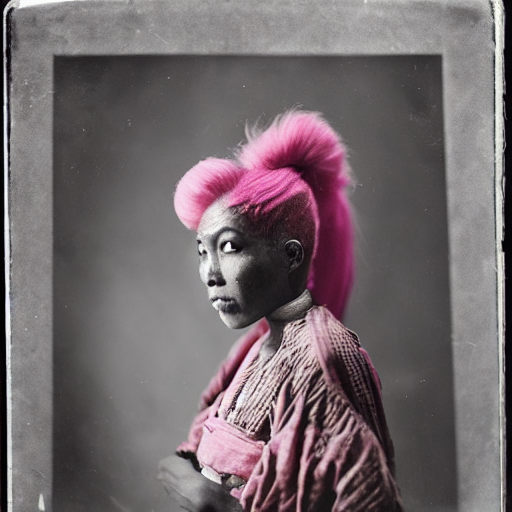 Asian-African woman with pink-dyed hair wearing, Stable Diffusion