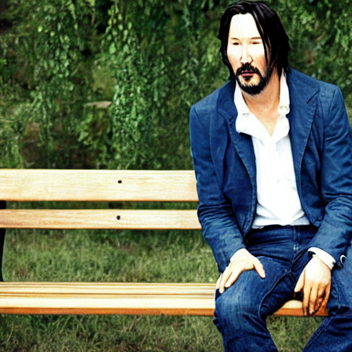 GQ picture of Keanu Reeves sitting on a bench looking sad -35 mm - Calvin Klein Jacket ($599) Seven for all mankind jeans ($225)