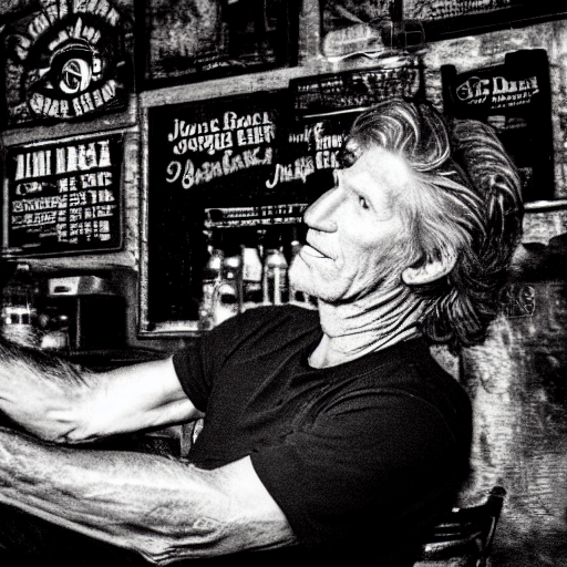 prompthunt: roger waters drinks jack daniels whiskey in a old 8 0 s chicago  bar, realistic, hdr, clear image, hdd, dynamic lighting,
