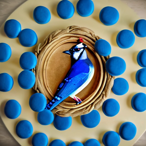 prompthunt: A photograph of a (photorealistic blue jay) standing on a large  basket of rainbow macarons.
