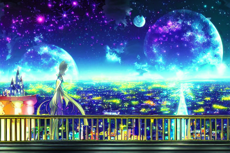 prompthunt: anime digital art view from castle balcony vibrant night sky  overlooking kingdom