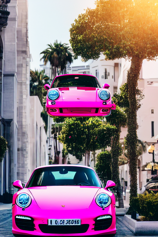 prompthunt: Photo of a pink Porsche 911 Carrera  parked on the road with  Rodeo drive in the background, wide shot, poster, rule of thirds, photo  print, golden hour, daylight, vibrant, volumetric