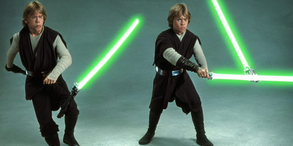 prompthunt: Luke Skywalker Return of the jedi costume played by Mark Hamill  1983, standing alone, full body shot, motion blur, sequel trilogy 80s,  green lightsaber, heroic pose, running through battle ultra realistic,