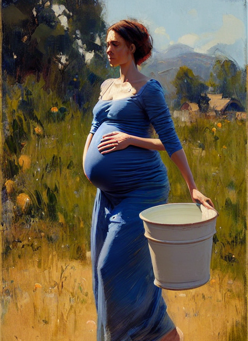 prompthunt: portrait of pregnant vilage woman carrying a bucket of water,  countryside, anatomically correct, dynamic pose, artwork by Jeremy Lipkin  and Giuseppe Dangelico Pino and Michael Garmash and rob rey, 100mm