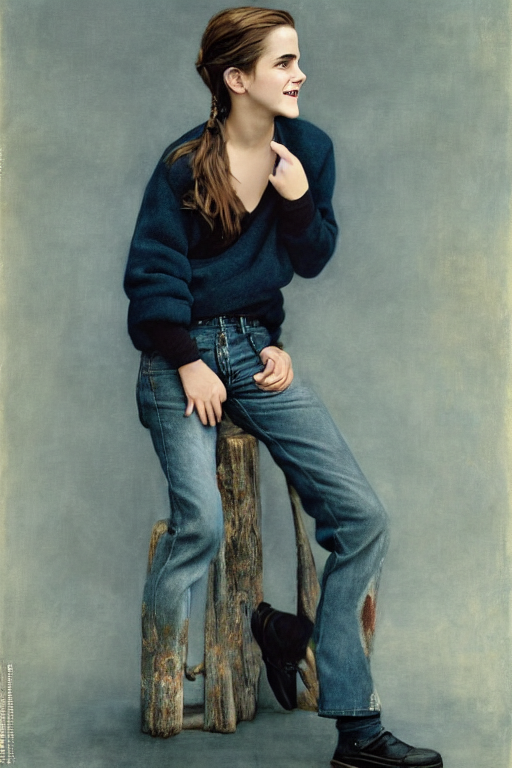 prompthunt: emma watson smiling oversized sweatshirt jeans gaston bussiere  craig mullins j. c. leyendecker richard avedon peter lindbergh