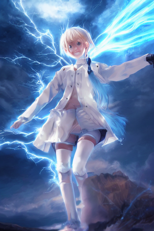 prompthunt: anime young girl with blonde ponytail wearing white and blue long  jacket in a taunting stance surrounded by lightning streaks, wlop, concept  art, digital painting, trending on artstation, highly detailed, epic