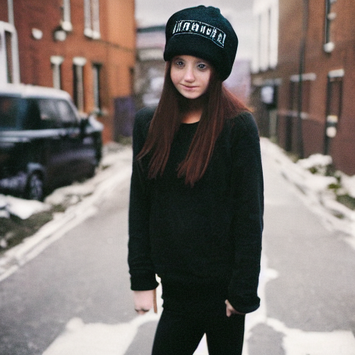 prompthunt: an emo girl wearing a black beanie hat, British street  background