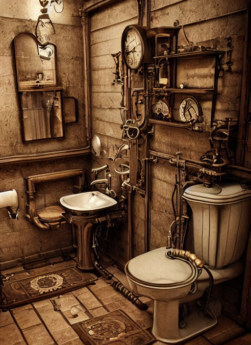 old photo of a steampunk bathroom intricate detailed 8k ultra realistic