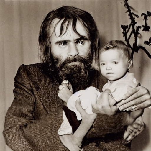 prompthunt: charles manson with a baby body riding a flying fish