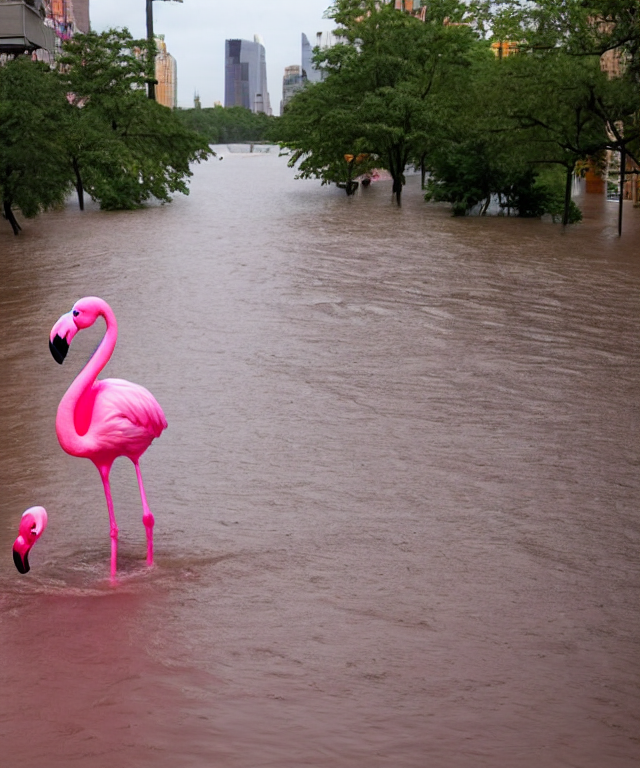 breaking news : giant pink flamingo walking through the flooded roads of new york after heavy rainfalls, professional photography taken from a helicopter