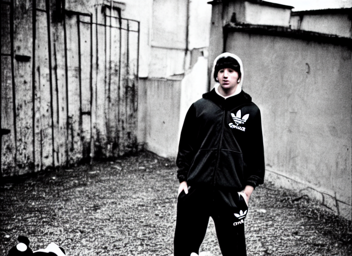 Principiante bueno alcanzar prompthunt: 2 0 years old gopnik in adidas costume drinks vodka with a  bear, soviet yard, symmetrical, cinematic, real photography