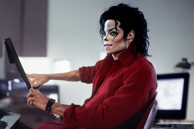 Michael Jackson using discord on a computer ultra realistic, 4K, movie still, UHD, sharp, cinematic