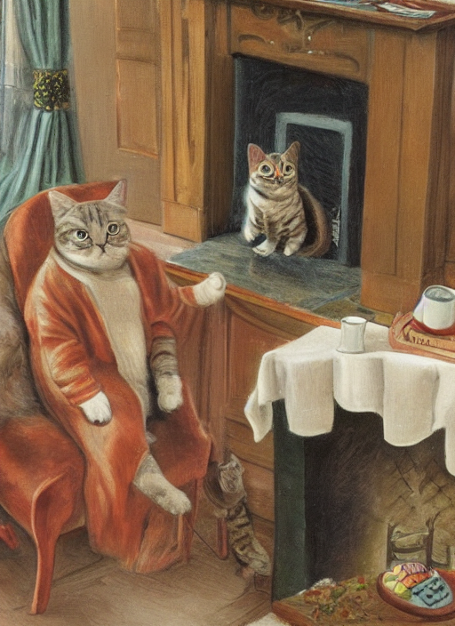 prompthunt: A humanoid cat at home in a bathrobe and slippers with a cup of  coffee next to the fireplace, Kenneth Grahame, 8k, hd