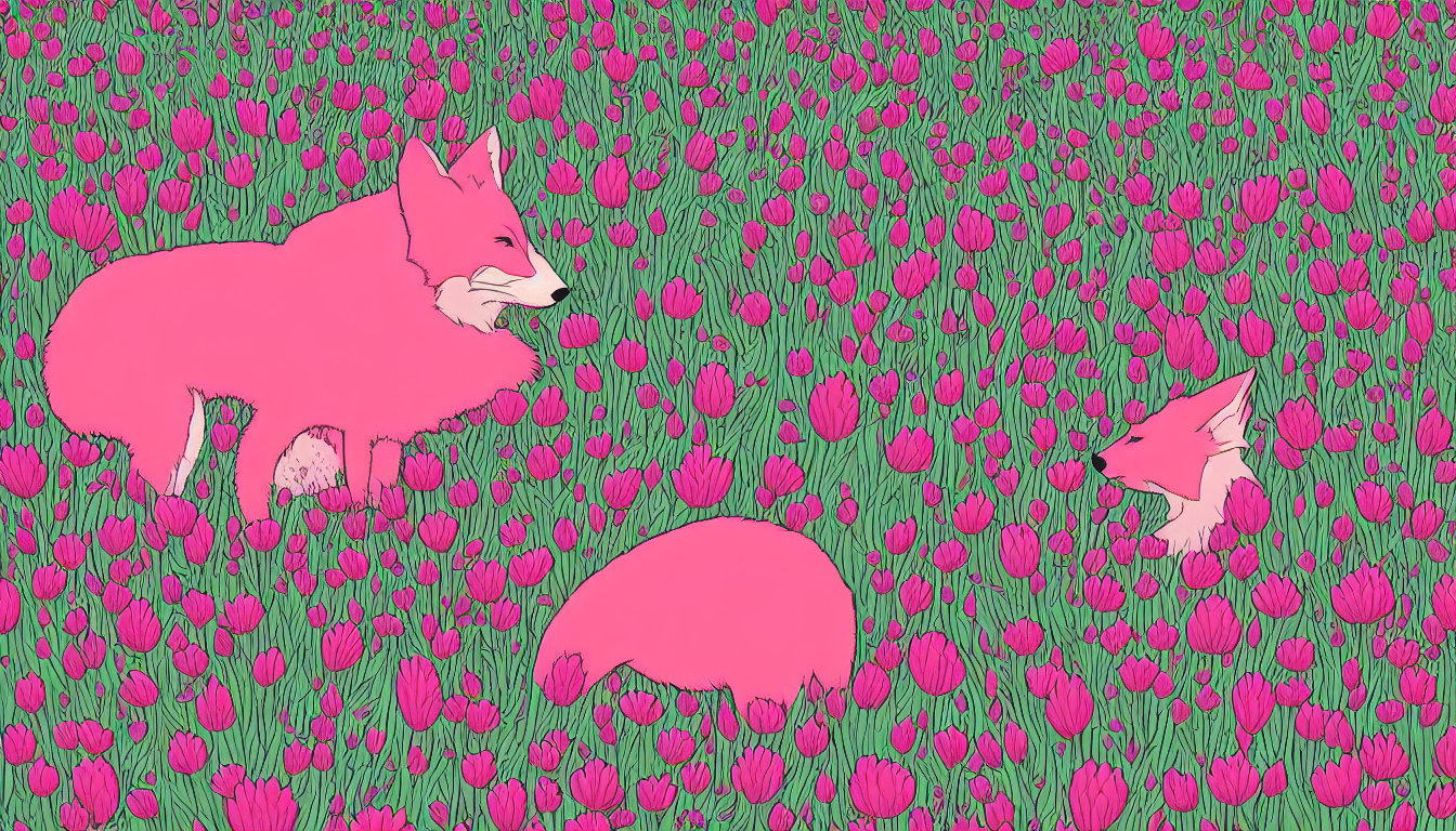 prompthunt: pink fox head popping out of a field of flowers by Kilian Eng,  minimalist, detailed
