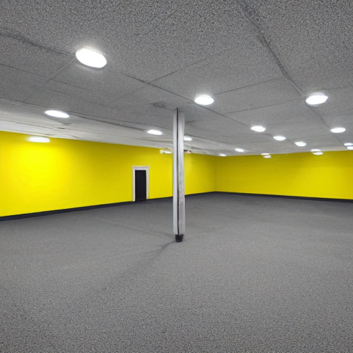 prompthunt the backrooms, walls with a monochromatic tone of yellow with moist carpet and