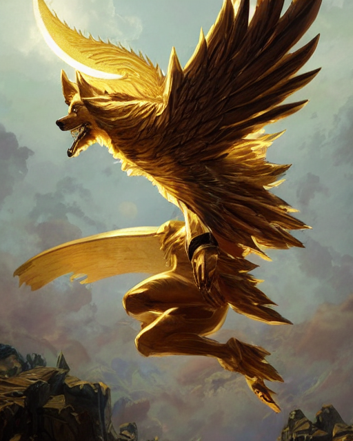 prompthunt: '' Illustration of winged gold wolf running through the sky  following the moon, league of legends, LOL, fantasy, d&d, digital painting,  artstation, concept art, sharp focus, illustration, art by greg rutkowski