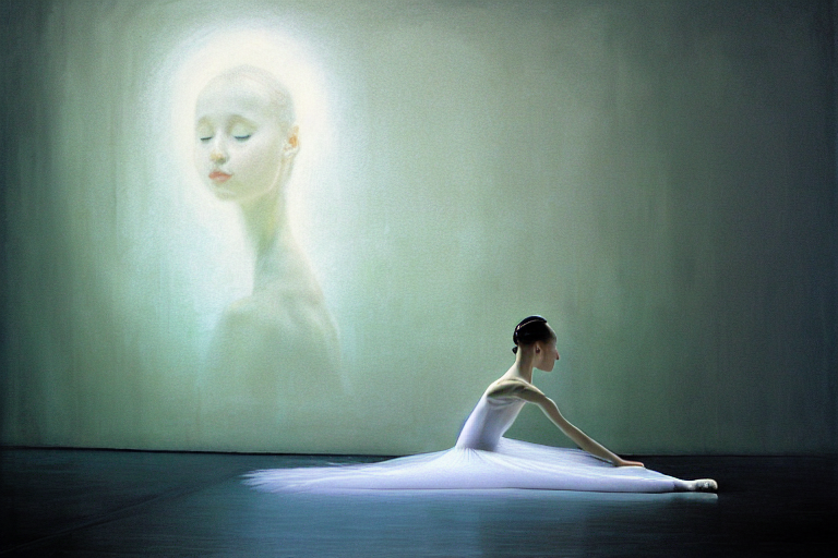 prompthunt: hyperrealistica young beautiful ballerina in lush white and  light white dress sits on the floor before the performance, in the style of  beksinski, solarpunk, atmospheric, clean, intricate and epic composition,  green
