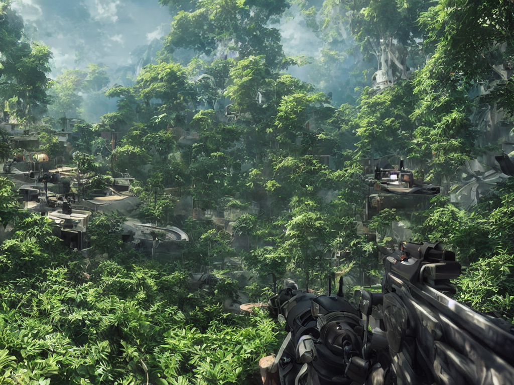 prompthunt a first person shooter, anime style, set in a jungle with lots of action, steampunk ships, morning light, wide, unreal engine, rendered in vray